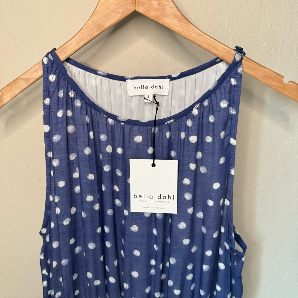 NWT BELLA DAHL Polka Dot Print Shirred Halter Dress In Navy Size Small - Picture 7 of 16